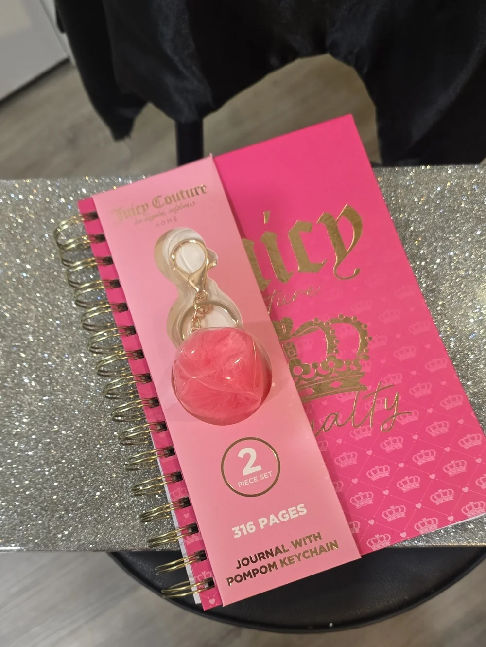 Juicy Couture Home Gold Foil Logo Crown Embossed Spiral Journal &PomPom Keychain